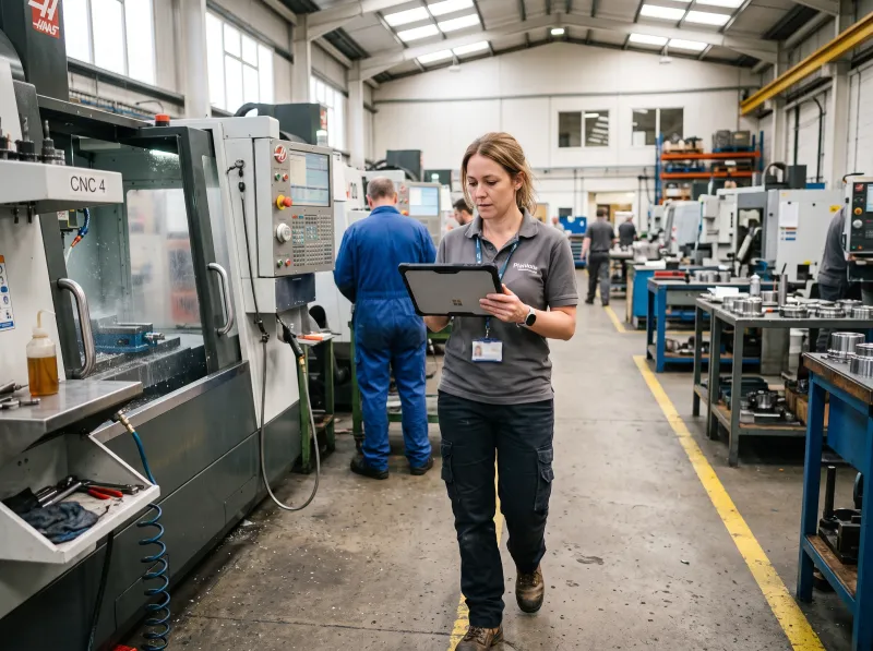 Production planner checking live status on a tablet