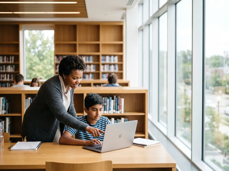 Teacher helping a student with a laptop in a library