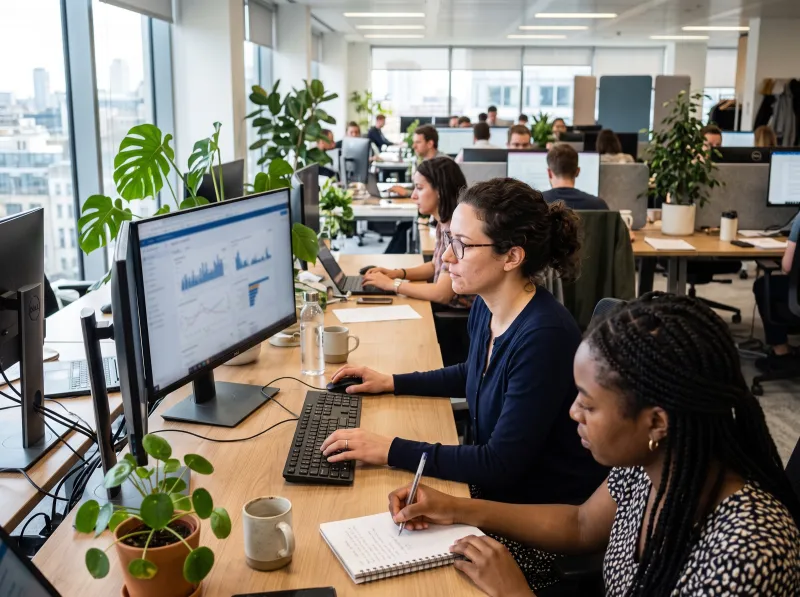 Information services team reviewing data in an open-plan office