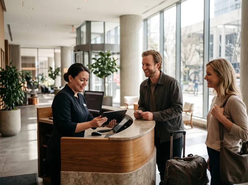 Hotel receptionist checking in guests at a front desk